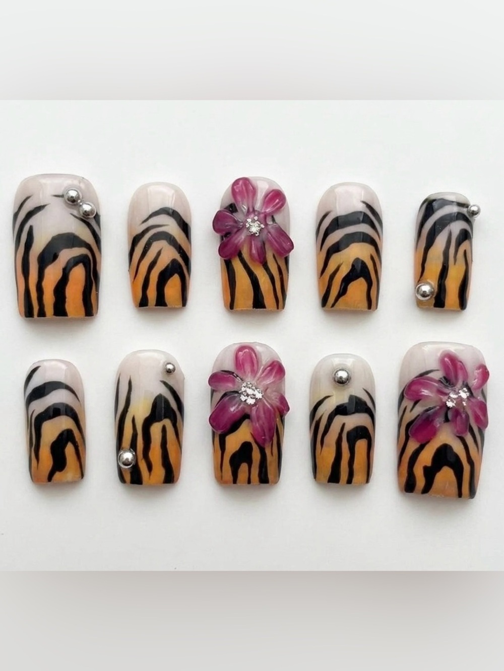 Floral Tiger Print Press-On Nail Set - Pink Flower